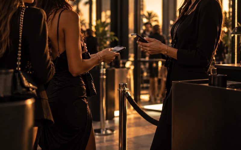 Hostess che controlla gli accrediti all’ingresso di un evento